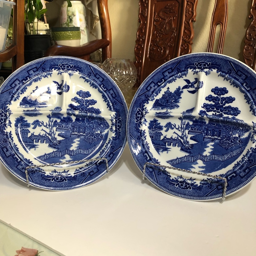 Vintage 3 Section Blue Willow Ideal Grille Plates  Made in USA